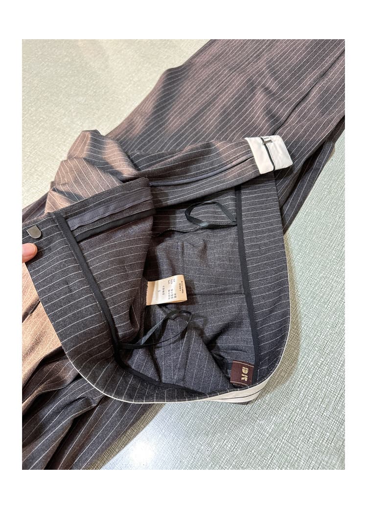 グレー パンツ ストライプ柄ハイウエストワイドパンツ