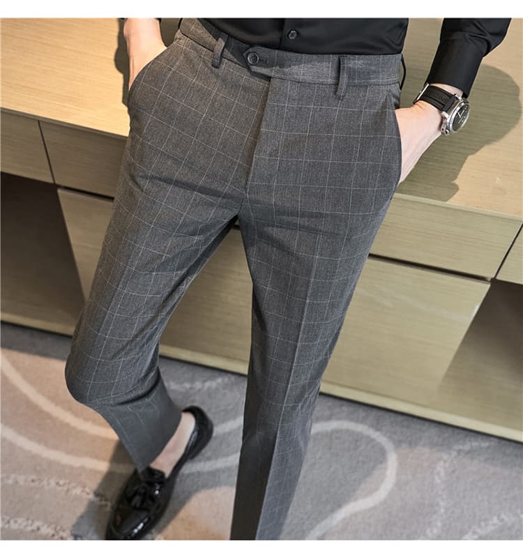 グレー パンツ 細身チェック柄スラックス
