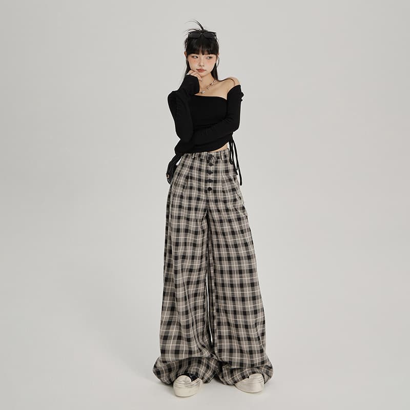 グレー パンツ ゆったりチェックワイドパンツ