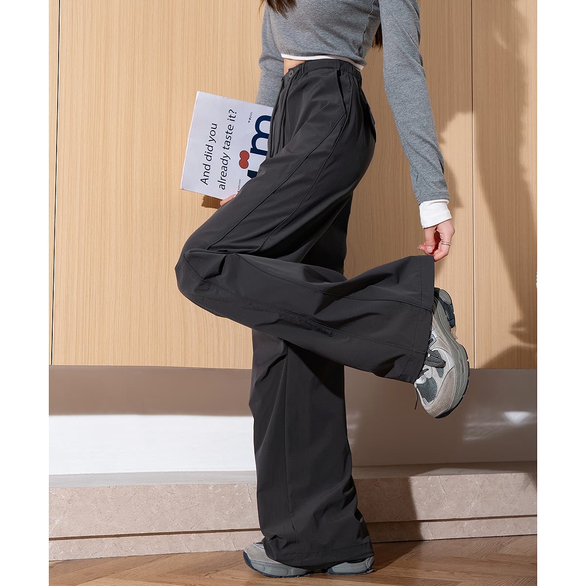 グレー パンツ ワイドシルエット ドローコード ルーズパンツ