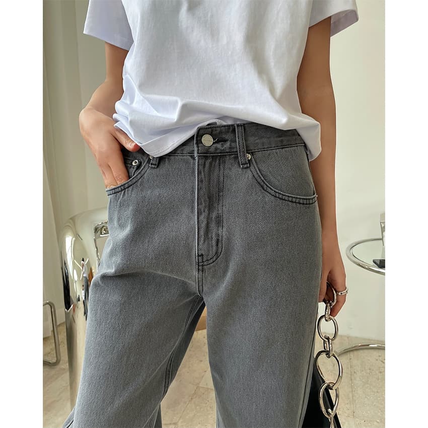 グレー パンツ ゆったりストレート デニム パンツ