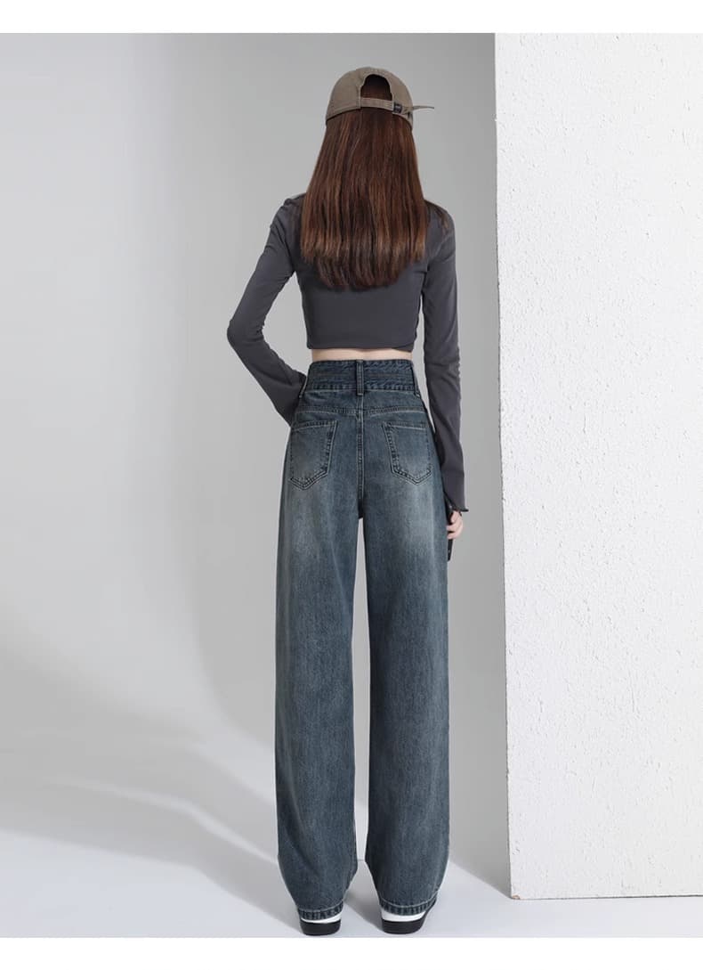 グレー パンツ ハイウエストワイドデニムパンツ
