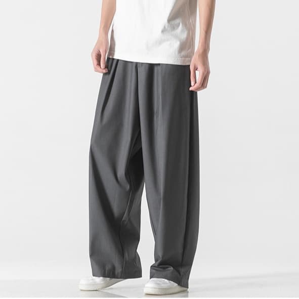 グレー パンツ ワイドシルエット タック入り パンツ