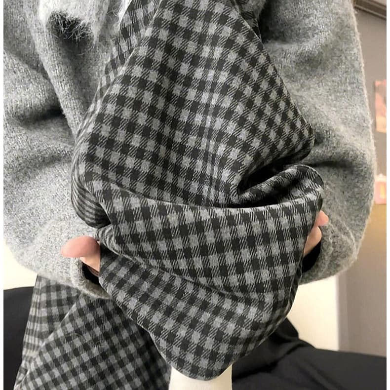 グレー パンツ ふわもこチェックルームパンツ