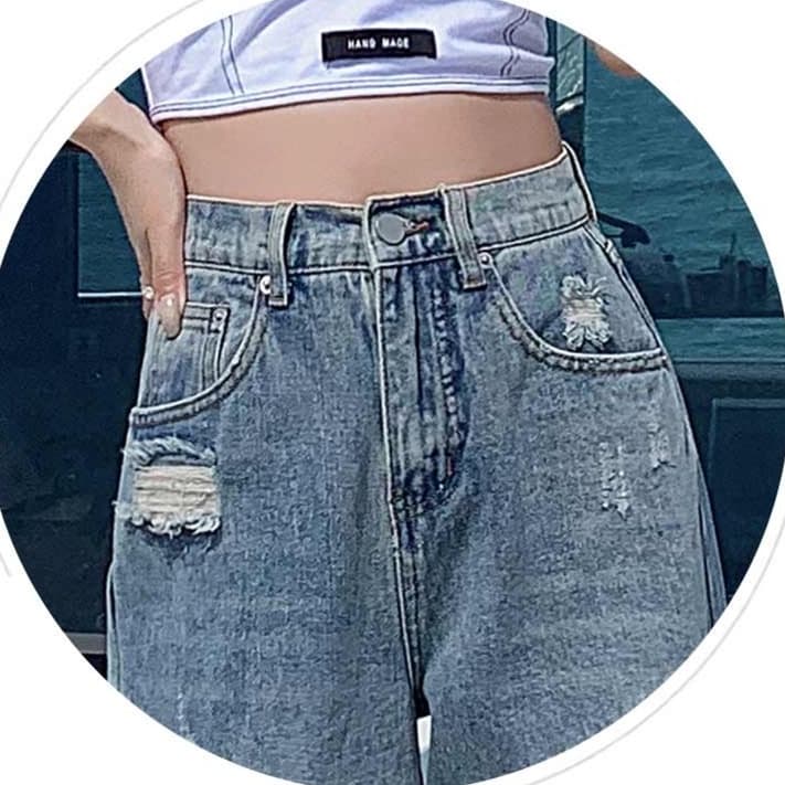 グレー パンツ ダメージ加工ワイドデニムパンツ