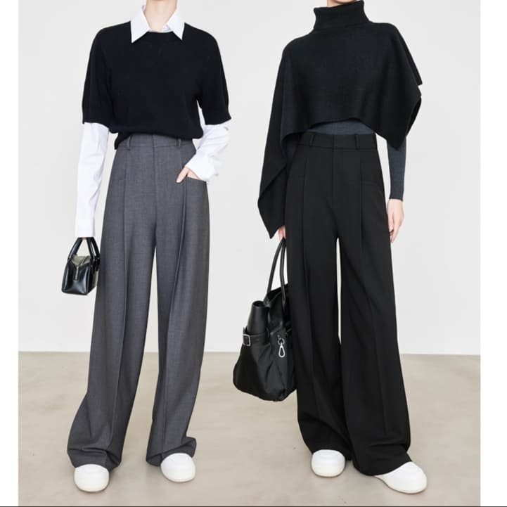 グレー パンツ 上品プリーツ入り ワイドシルエットパンツ