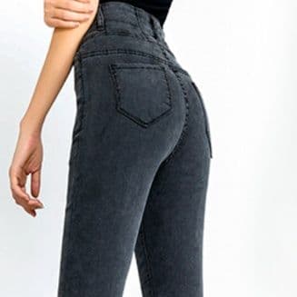 グレー パンツ  ハイウエスト細身美脚パンツ