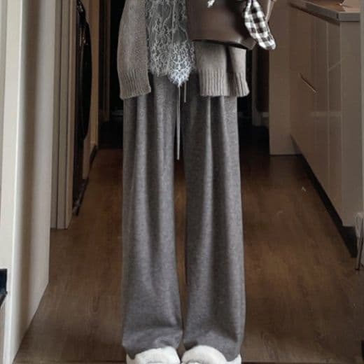グレー パンツ ゆったり楽ちん高腰ワイドパンツ