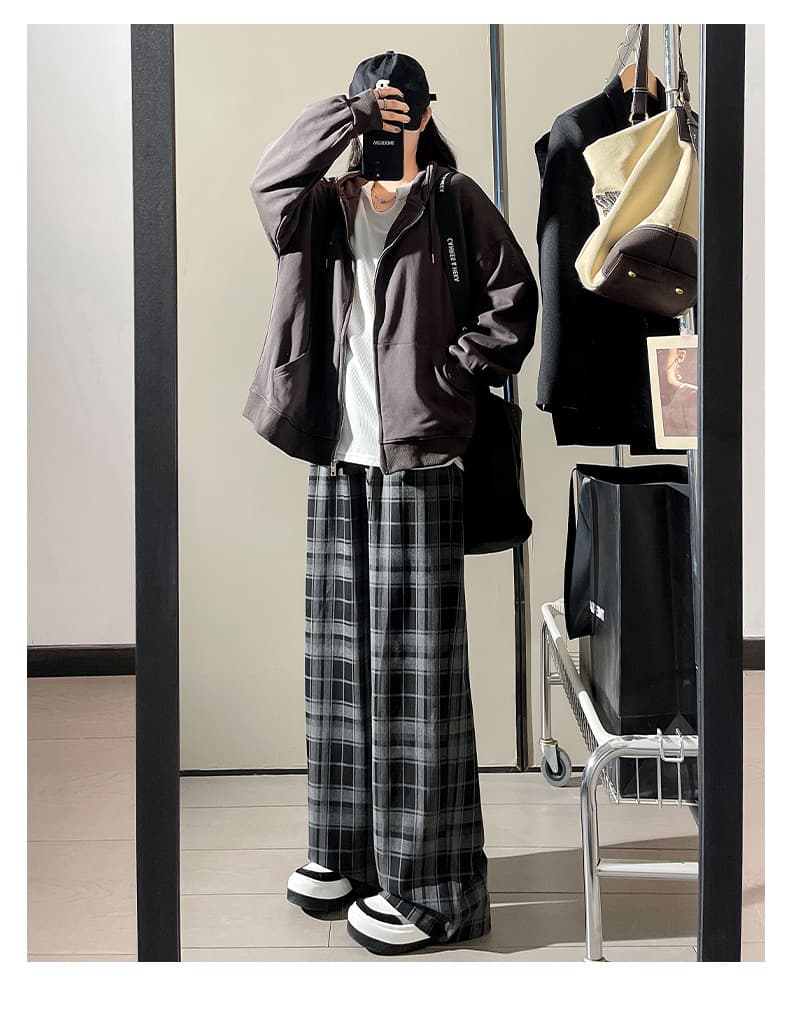 グレー パンツ ゆったりチェック模様 ワイドパンツ