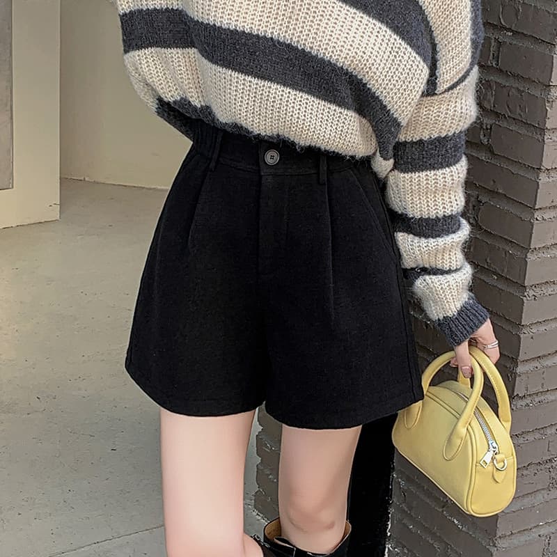 グレー パンツ ウールブレンド プリーツ ボリューム ショート パンツ