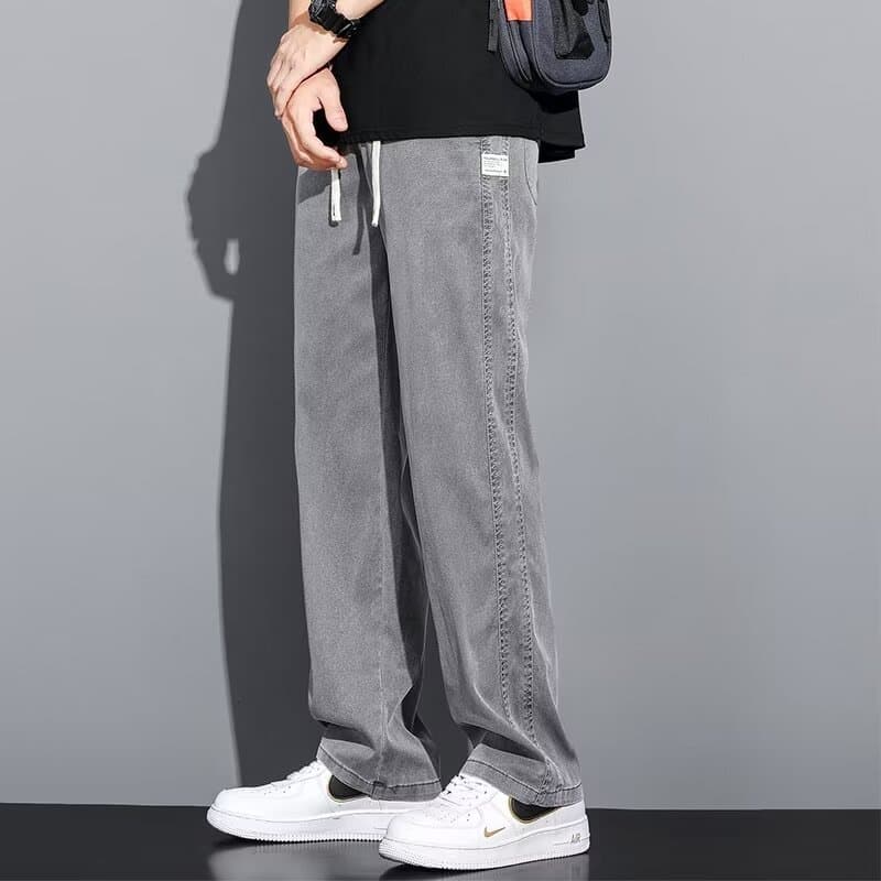 グレー パンツ ゆったりストレート デニム カジュアル パンツ