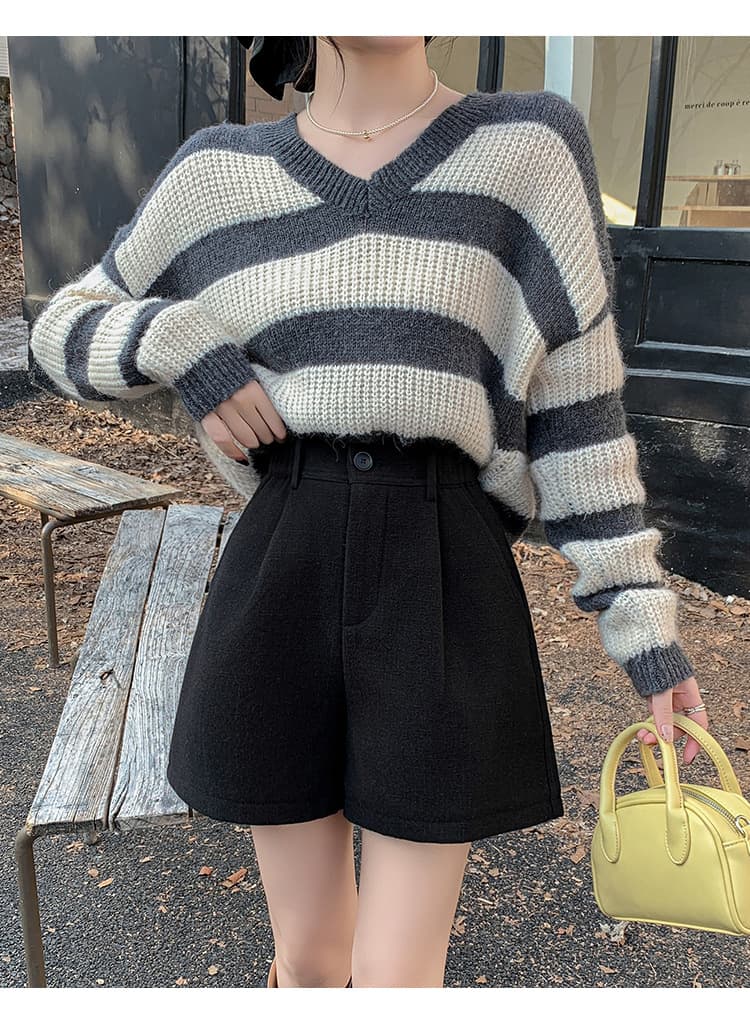 グレー パンツ ウールブレンド プリーツ ボリューム ショート パンツ