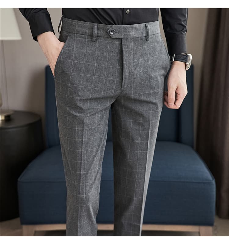 グレー パンツ 細身チェック柄スラックス