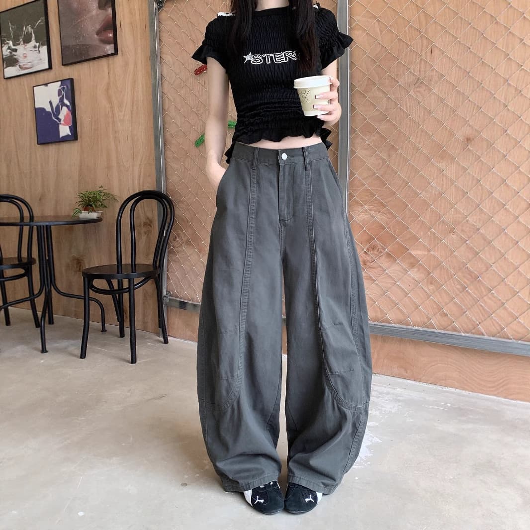 グレー パンツ ゆったりワーク風デザインパンツ