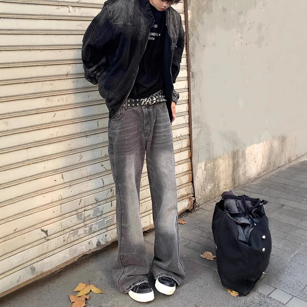 グレー パンツ ゆったりストレート ワイドパンツ