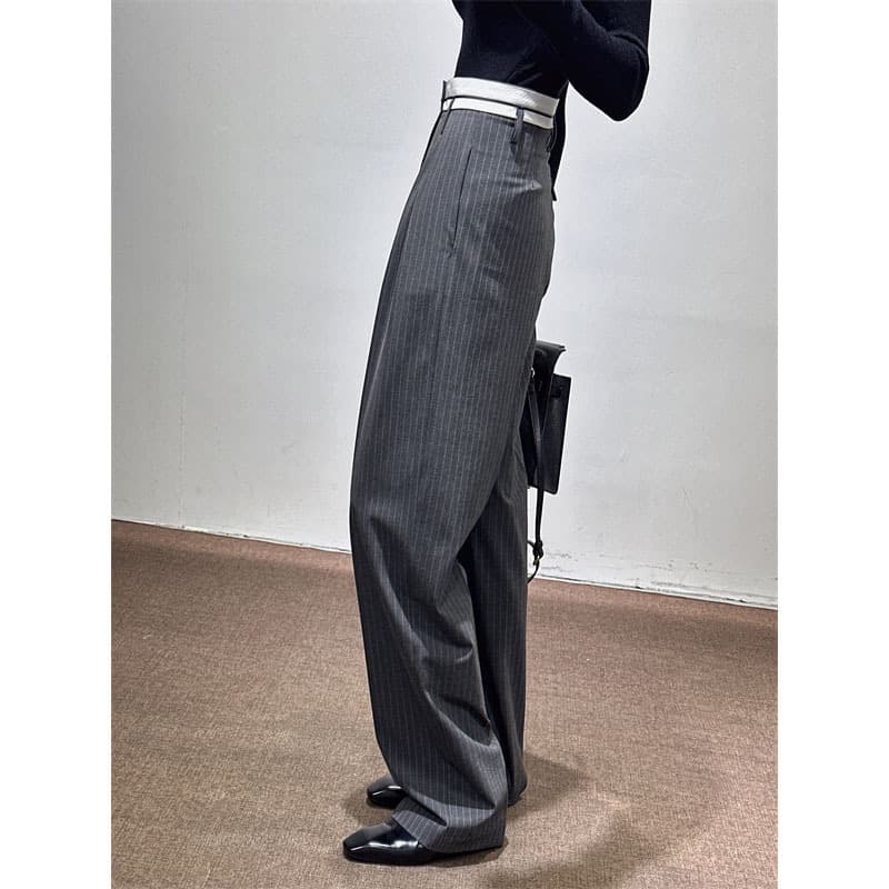 グレー パンツ ストライプ柄ハイウエストワイドパンツ