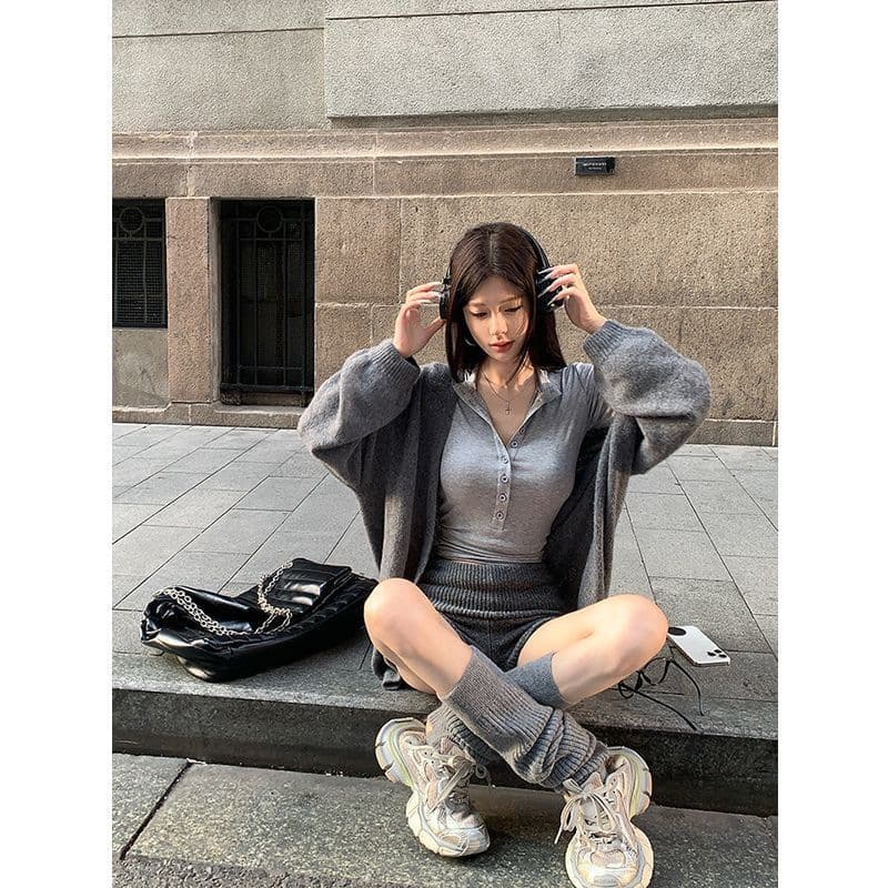 グレー パンツ モールニット リボン付き ゆるパンツ ショート