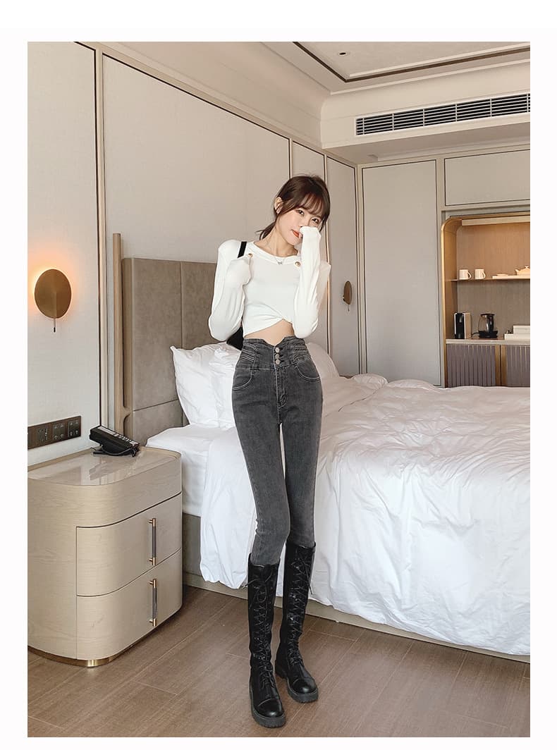 グレー パンツ ハイウエストボタンデニムパンツ