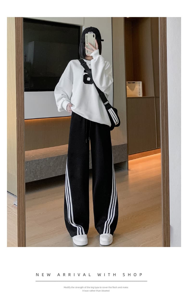 グレー パンツ 縦ライン入りワイドスラックス