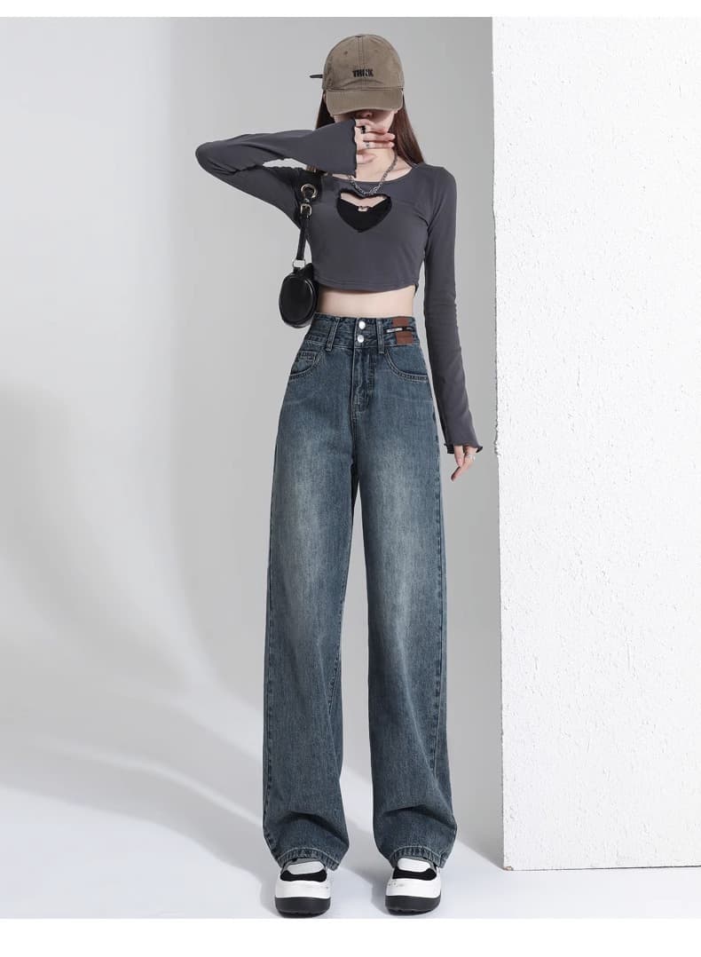 グレー パンツ ハイウエストワイドデニムパンツ