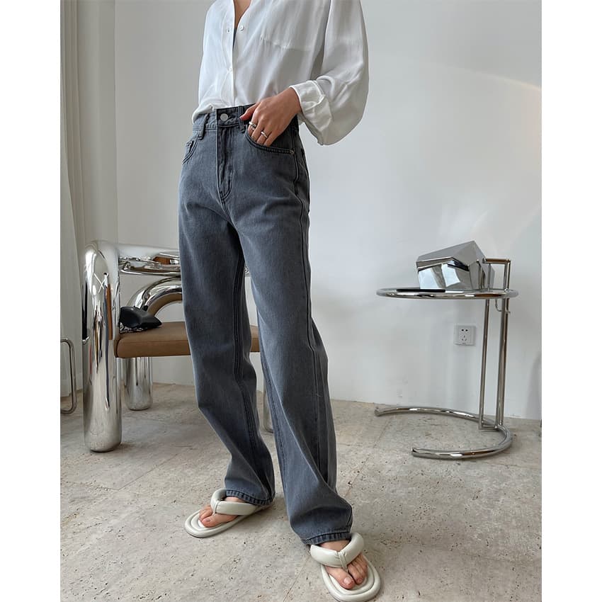 グレー パンツ ゆったりストレート デニム パンツ