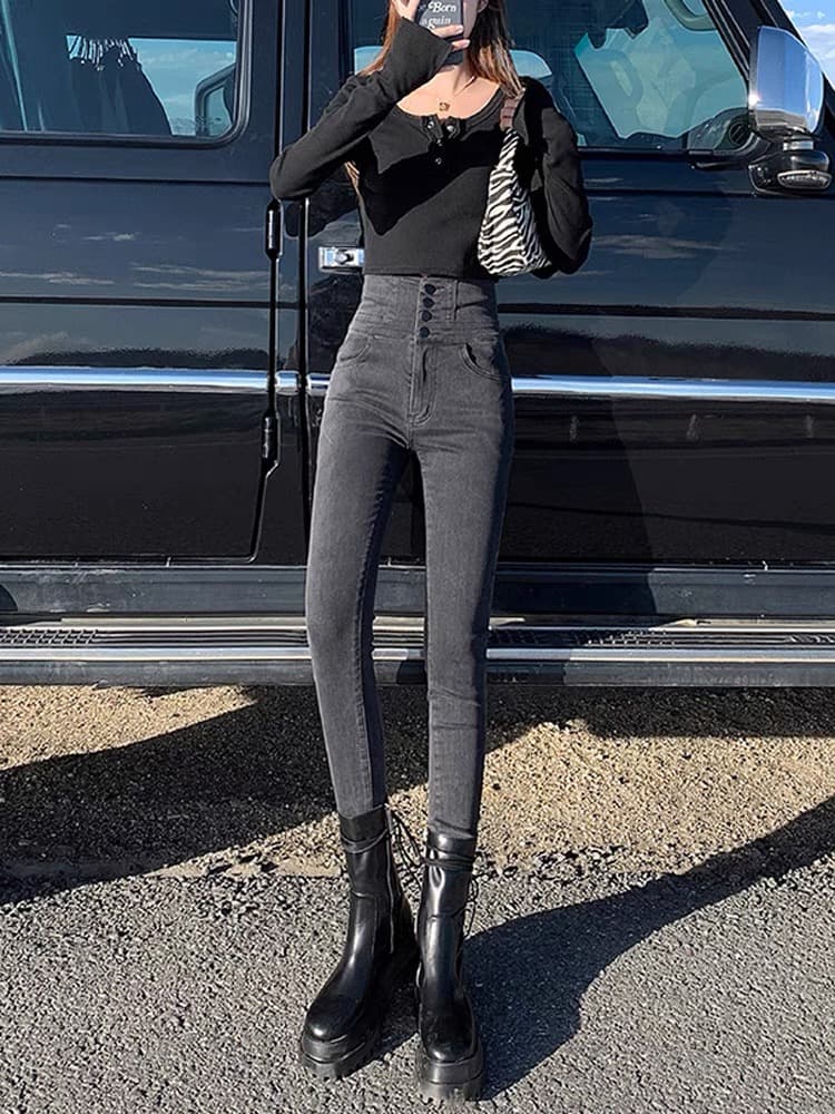 グレー パンツ ハイウエスト美脚シルエットパンツ