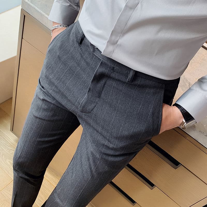 グレー パンツ ビジネスライン ストライプ スラックス