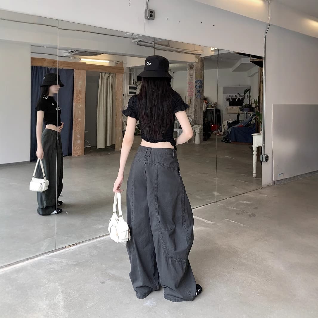 グレー パンツ ゆったりワーク風デザインパンツ