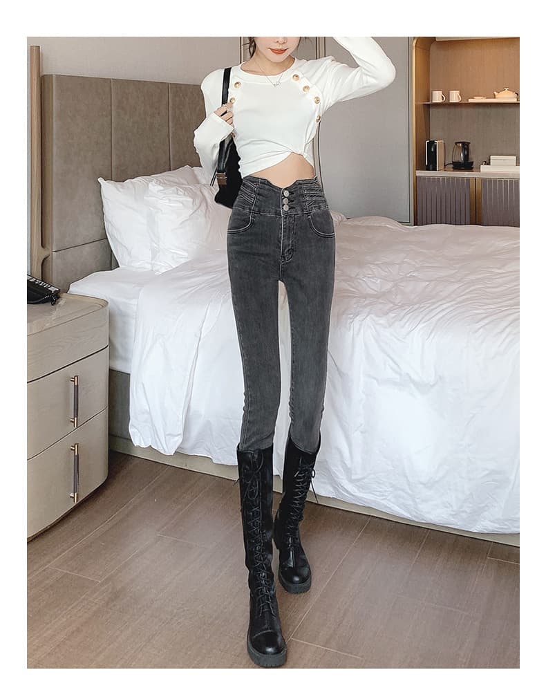 グレー パンツ ハイウエストボタンデニムパンツ
