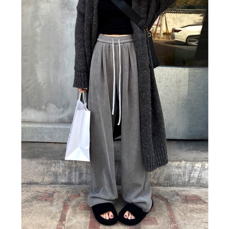 グレー パンツ ドロスト紐付きリラックスパンツ