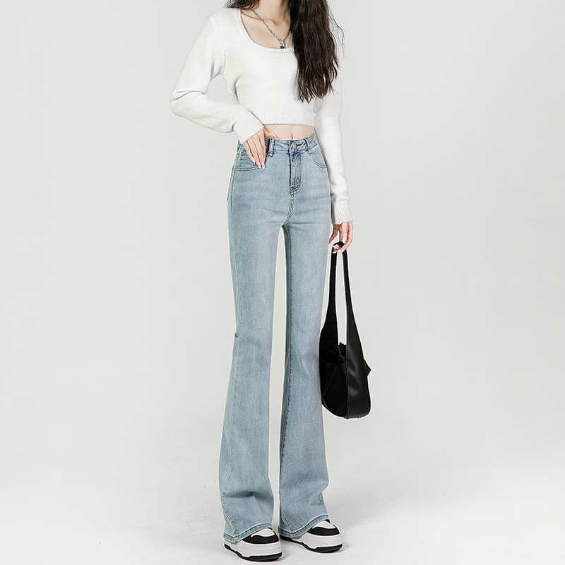 ハイウエストパンツ ゆったりフレアデニムパンツ