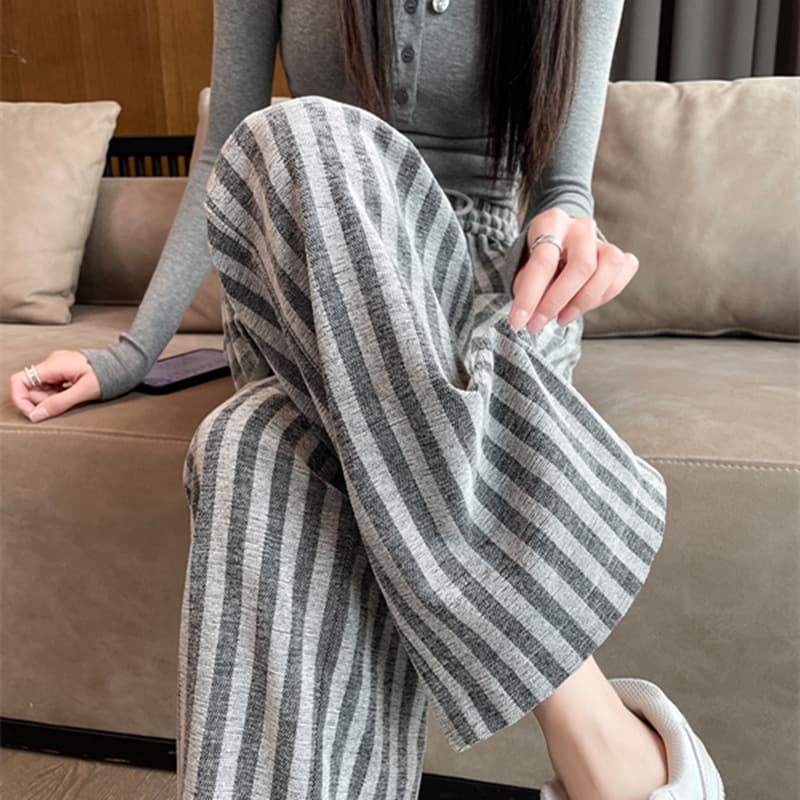 グレー パンツ ゆったりシルエット ストライプ パンツ