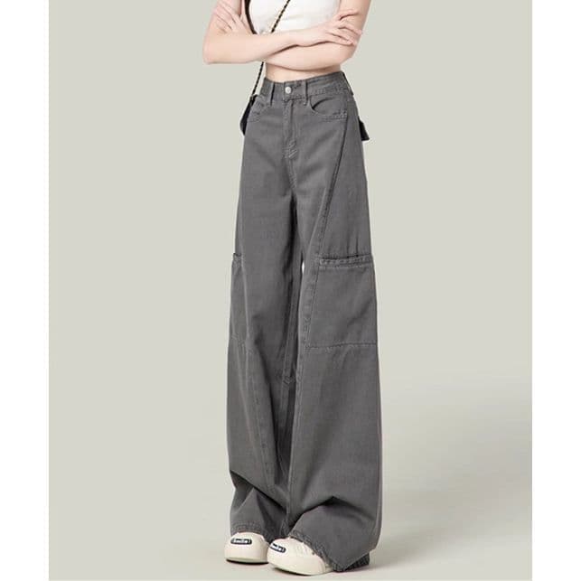 グレー パンツ ダブルポケット ワイドデニム パンツ