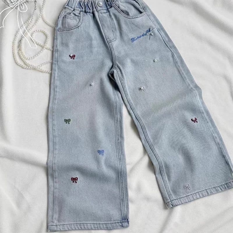 グレー パンツ リボン刺繍 ゆったりデニムパンツ
