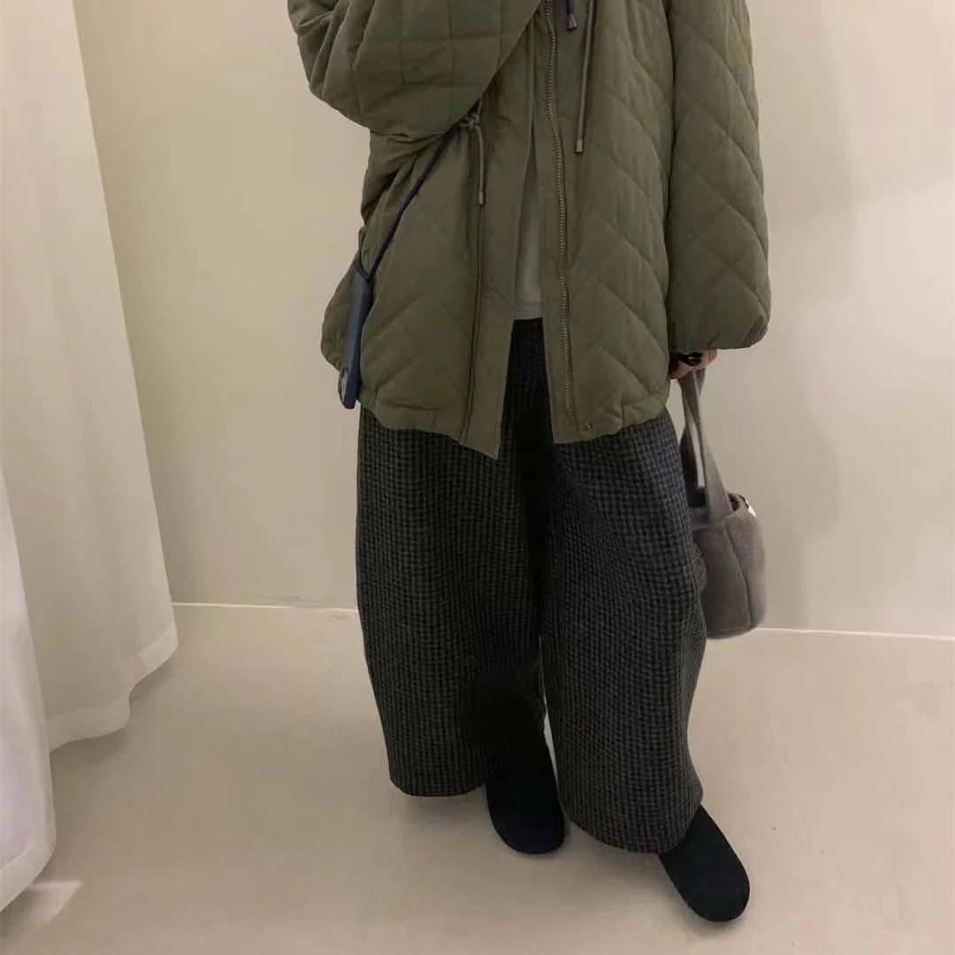グレー パンツ ウール混チェック柄ゆったりパンツ