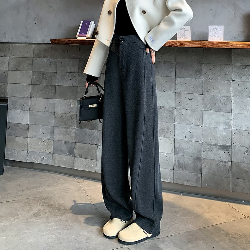 グレー パンツ ウール混ストレートワイドパンツ