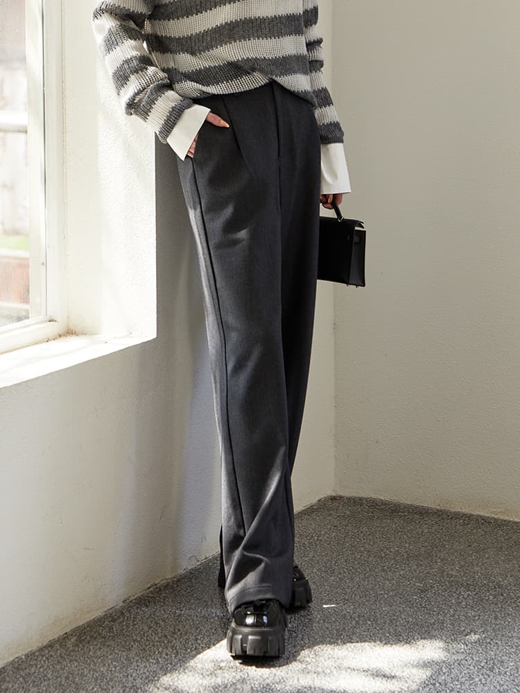 グレー パンツ ゆったりシルエット ハイウエストスラックス