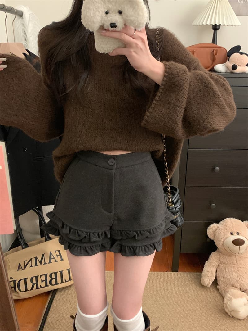 グレー パンツ フリルデザインショートパンツ