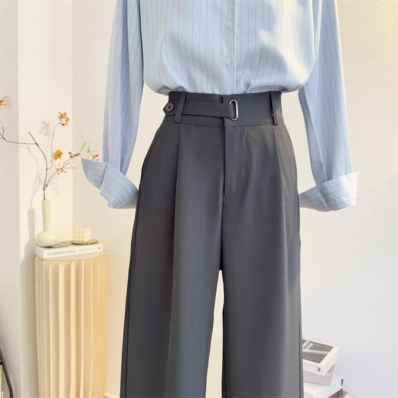 グレー パンツ ハイウエストプリーツワイドパンツ