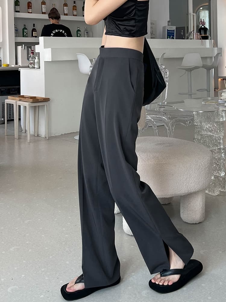 グレー パンツ スリット入り ゆったりシルエット スラックス