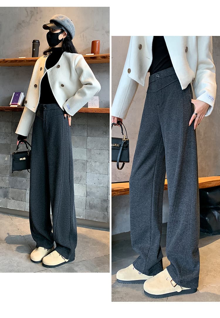 グレー パンツ ウール混ストレートワイドパンツ