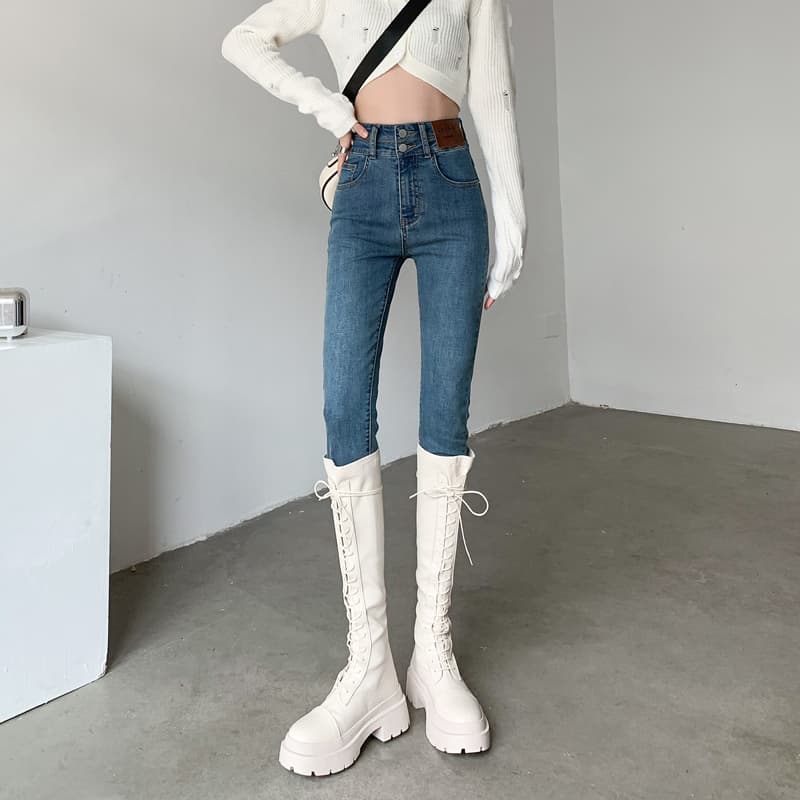 グレー パンツ ハイウエスト 美脚スキニーパンツ