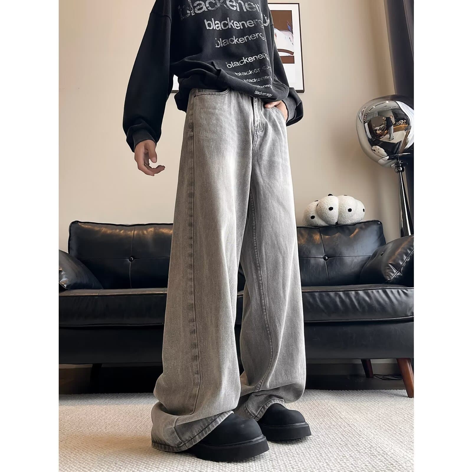グレー パンツ ゆったりワイドバギーデニム