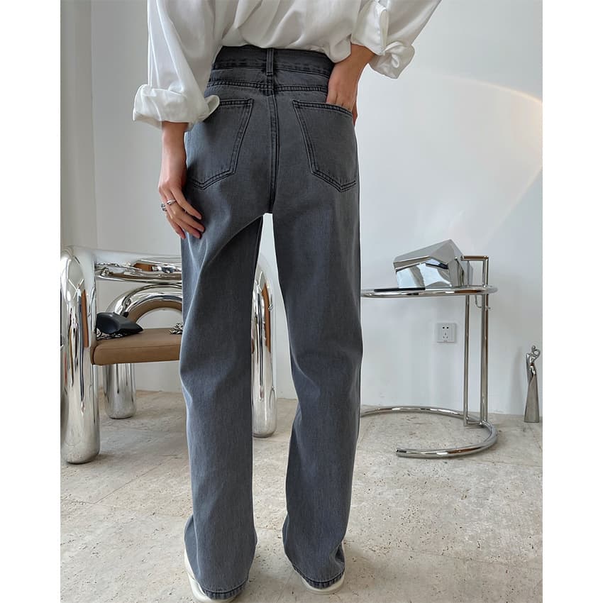 グレー パンツ ゆったりストレート デニム パンツ
