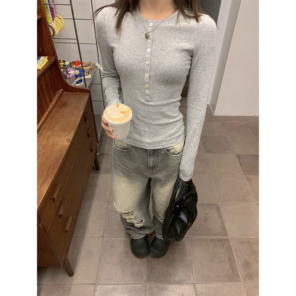 グレー パンツ ダメージ加工ゆったりデニム
