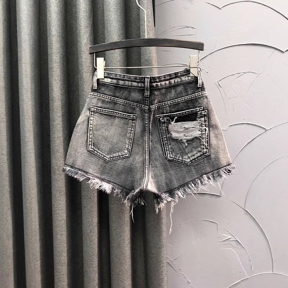 グレー パンツ ダメージ加工フリンジショートパンツ