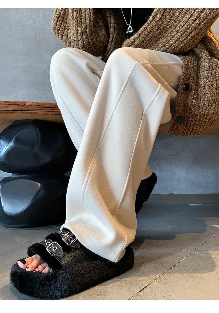 グレー パンツ ウール混ストレートワイドパンツ