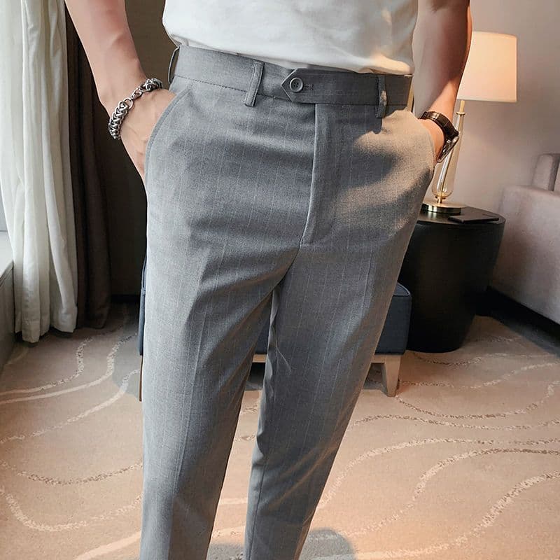 グレー パンツ ビジネスライン ストライプ スラックス
