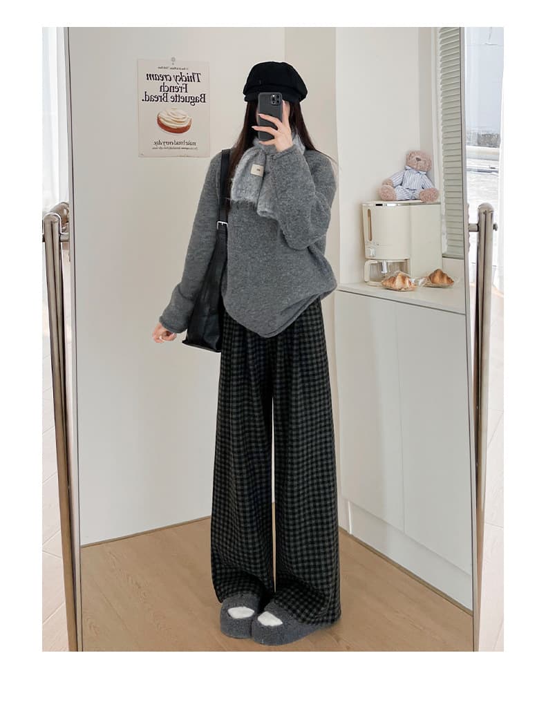 グレー パンツ ふわもこチェックルームパンツ