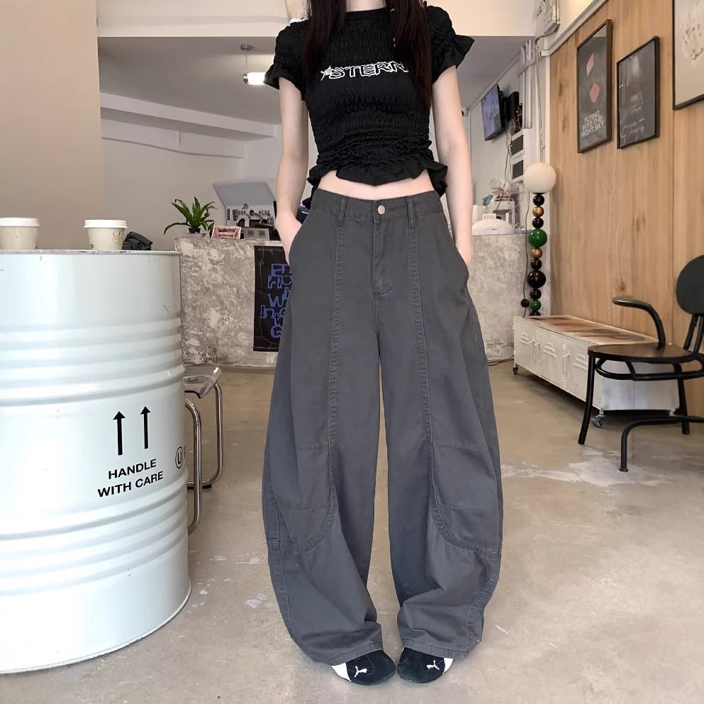 グレー パンツ ゆったりワーク風デザインパンツ